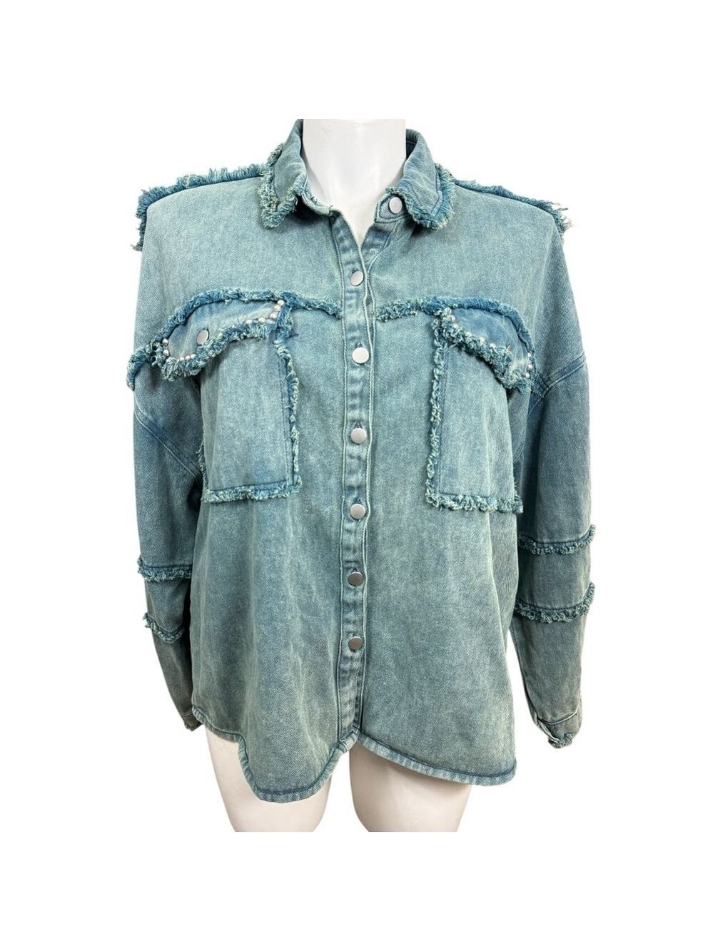 POL Frayed Denim Shacket Jacket Size L Blue Snap Front Distressed Western Style